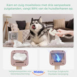 Hond wordt gekamd en gestofzuigd met huisdierverzorgingskit.