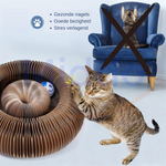 Kat krabt aan de kattenscratcher met op de achtergrond een stoel met kat die krabt aan stoel