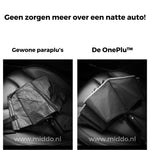 Vergelijking van gewone paraplu en OnePlu paraplu zonder natte auto-interieur
