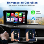 Carplay die op het dashboard staat met daaronder twee foto's van dat je zonder en met  kabel kan werken.