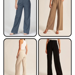vier foto's van de blauwe, bruine, beige en zwarte wijde pantalon.