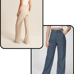 Een foto van de beige achterkant van de wijde pantalon. en een foto van de voorkant van de blauwe wijde pantalon.