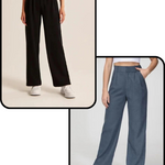 twee foto's van de blauwe en zwarte wijde pantalon gedragen door 2 dames.